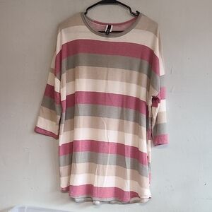Women's 2X lightweight striped elbow sleeve shirt pink gray tan tunic soft